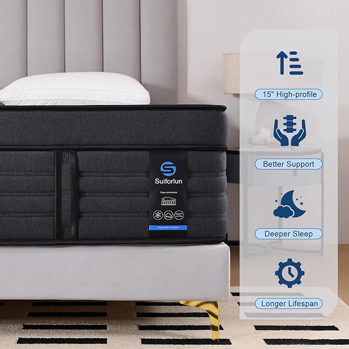 Suiforlun 15" Queen Mattress, Gel & Bamboo Charcoal Infused Memory Foam, Medium Euro Top Hybrid Pocket Spring Mattress for Restful Sleep, Enhanced Pressure Relief and Edge Support, 120 Nights Trial