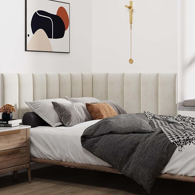IFNOW Wall Mounted Upholstered Headboard, 3D Peel and Stick Soundproof Wall Panels, Reusable Padded Leather Headboard, 6 Panels 9.84" x 23.62", Ivory White
