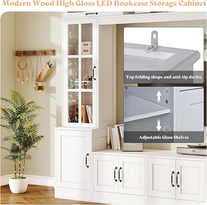 AMERLIFE 98" W Wall Unit TV Stand with Storage for TVs up to 80", Modern TV Console with LED Lights, Entertainment Center with Bookshelves for Living Room, White