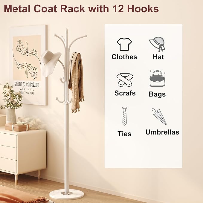 HOMEFORT Metal Coat Rack Stand,Free Standing Hat Hanger with Marble Base,Hall Tree with 12 Hooks for Hanging Hat,Clothes,Bag,Entryway Storage Organizer,White