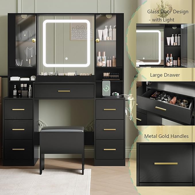 Makeup Vanity with LED Light Strip Mirror and Chair, 7 Drawers & 2 RGB Cabinets Black Vanity Makeup Desk with Power Strip, Adjustable LED Lighting, and Cushioned Stool for Women, Girls, Teens