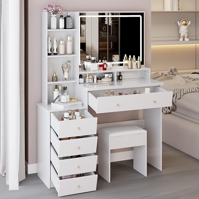 41" Vanity Desk with Mirror and Lights, Makeup Table with Led Mirror, 3 Lighting Colors, Vanity Set with Drawers and Stool for Bedroom, White