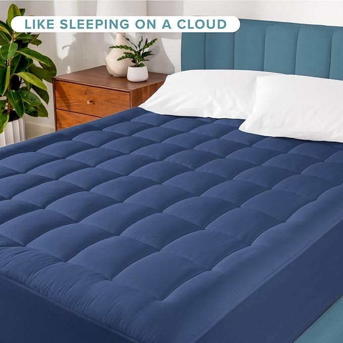 Bare Home Full Mattress Topper Cotton Top - Plush Topper for Mattress - Fitted Mattress Cover - Cooling Breathable Air Flow - 8" to 21" Deep Pocket - Soft Mattress Pad (Full, Dark Blue)