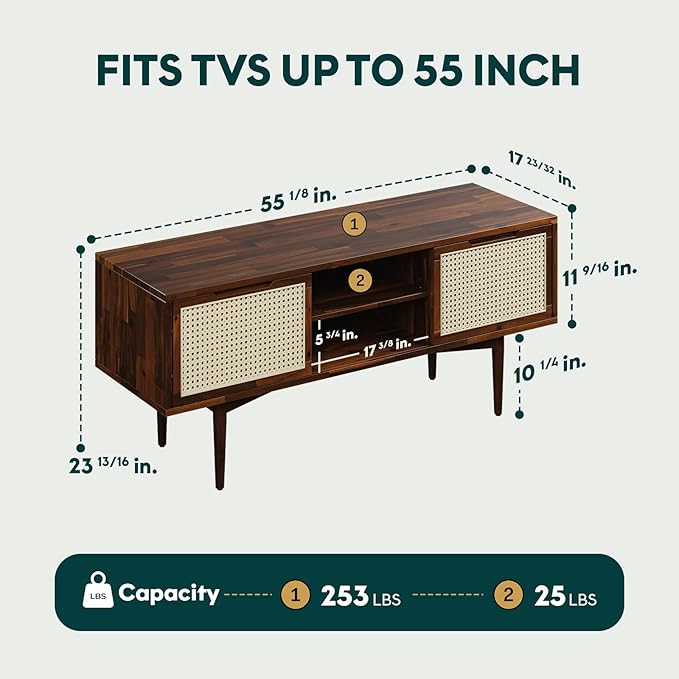 Bme Oliver TV Stand for TVs up to 55", Mid-Century Solid Wood TV Console with Natural Rattan Door, Media TV Console, Entertainment Center with Storage, Fluted Media Cabinet for Living Room, Walnut