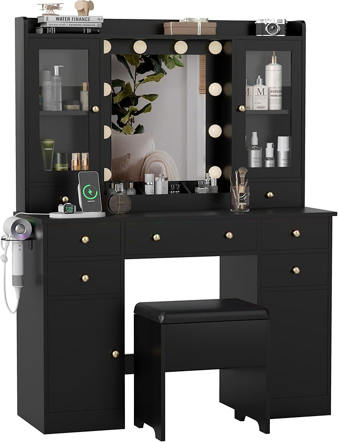 Vanity Desk with Mirror and Lights, 43" Black Makeup Vanity Set with 5 Drawers & Glass Cabinets, Storage Stool, Power Outlet & Adjustable LED Lights, Dressing Table for Women & Girls Bedroom