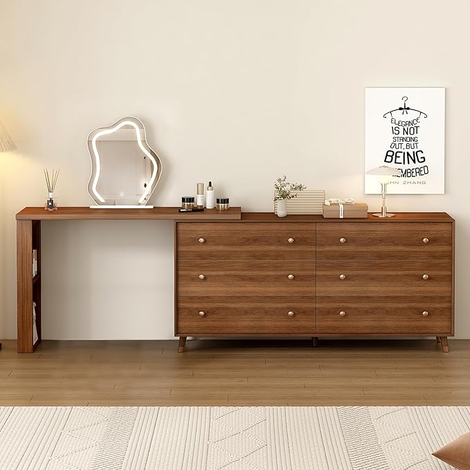 Makeup Vanity Desk with Cloud HD Lighted Mirror, 60-100in Extendable Modern Vanity Table, 6-Drawer Solid Wood Frame Storage Cabinet, Dressing Table for Bedroom, Brown