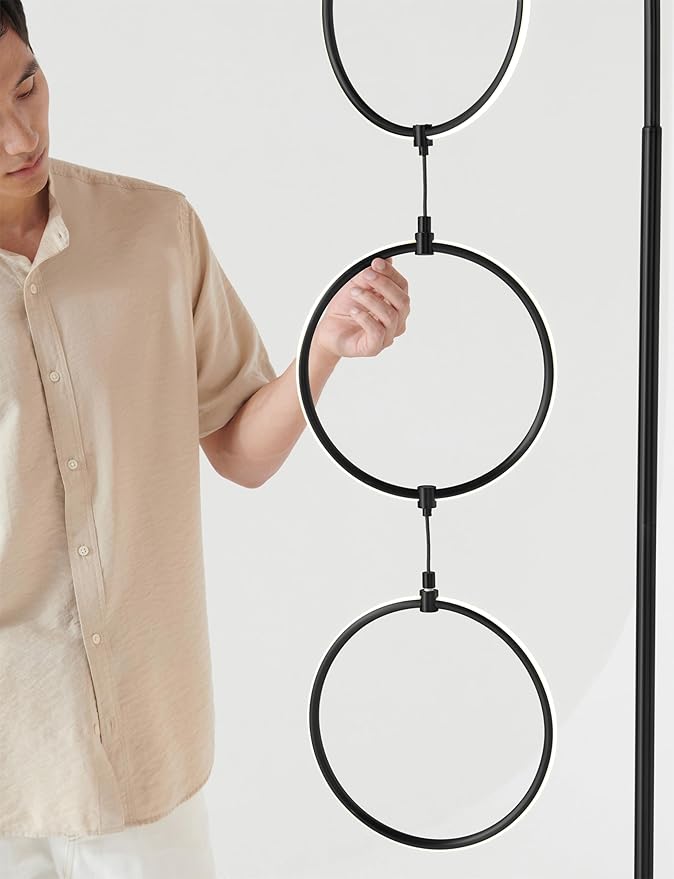 Brightech Nova Modern Floor Lamp Matches Living Room Décor - Contemporary Arc Tall Lamp with 3-Circle Ring-Style Pendant - Over The Couch Standing on Arching Pole - Eclectic- Black