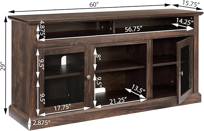 HMFULE 60" Farmhouse TV Stand for 60 65 Inch Television, Entertainment Center with 2 Storage Cabinets Glass Doors & Adjustable Shelves, 29" Tall Media Console Rustic Furniture for Living Room (Brown)