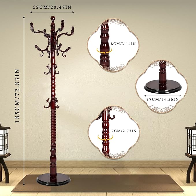 Coat Rack Freestanding, Wooden Tree Coat Rack Stand with 3 Adjustable Sizes Coat Tree and 14 Hooks, Sturdy Hall Tree with Solid Round Base for Entryway, Hallway,Bedroom (Reddish brown)