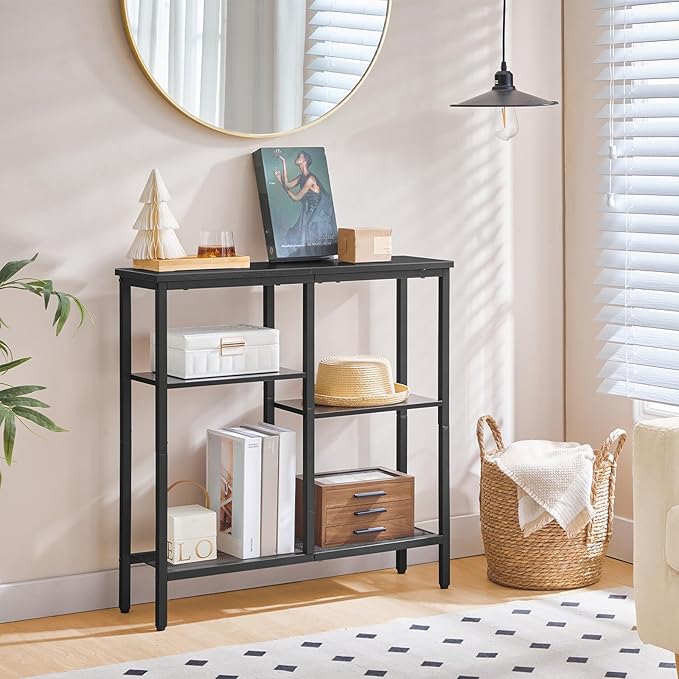 HOOBRO Narrow Console Table, Sofa Table, 4-Tier Industrial Hallway Table with Metal Mesh Shelf, Entryway Table with Adjustable Feet, for Entryway, Living Room, Hallway, Black BB79XG01