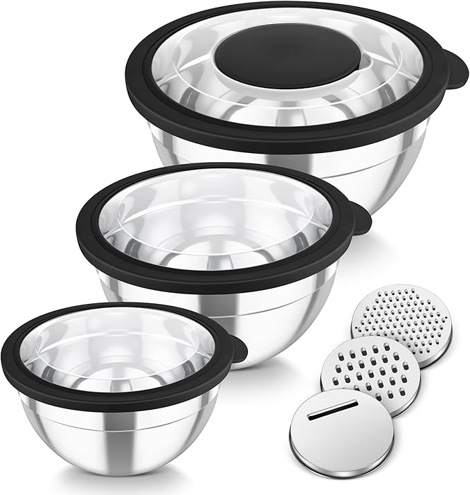 TeamFar Mixing Bowls, 3PCS Stainless Steel Serving Salad Bowls with Lids & 3 Graters, For Kitchen Mixing/Baking/Storing/Prepping, Visible & Airtight, Easy Clean - 4.5/3 / 1.5 QT, Black