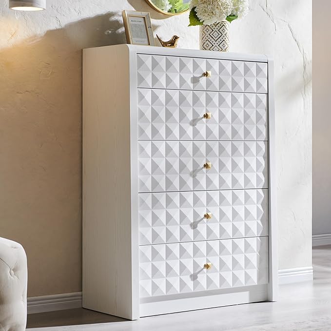 Modern 5 Drawer Dresser for Bedroom, Wooden Tall Dressers &Chests of Drawers w/Two Different Drawer Sizes, Mid Century Modern Dresser w/Diamond Panel Decorate for Bedroom, Curved Profile Design, White