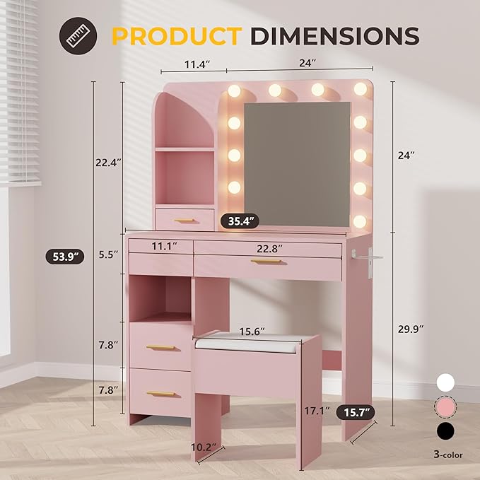Vanity Desk with LED Lighted Mirror&Power Outlet, 3 Lighting Colors Makeup Vanity Desk with 5 Large Drawers and 3 Storage Shelves, Pink Vanity with Storage Stool for Bedroom