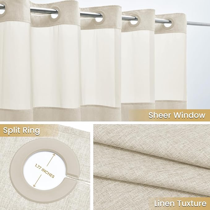 No Hook Shower Curtain with Snap in Liner, Polyester Textured Shower Curtain with Liner Set, Waterproof Washable Hotel Style Shower Curtains for Bathroom, 71Wx74H, Cream