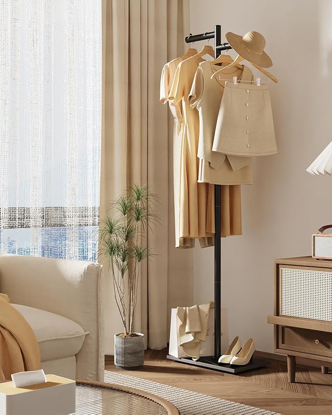 Garment Rack, Freestanding Metal Coat Racks, Z-shaped Coat Tree with Natural Rock Base, for Bedroom, Office, Hallway, Entryway, Living Room, 68.9in, Black