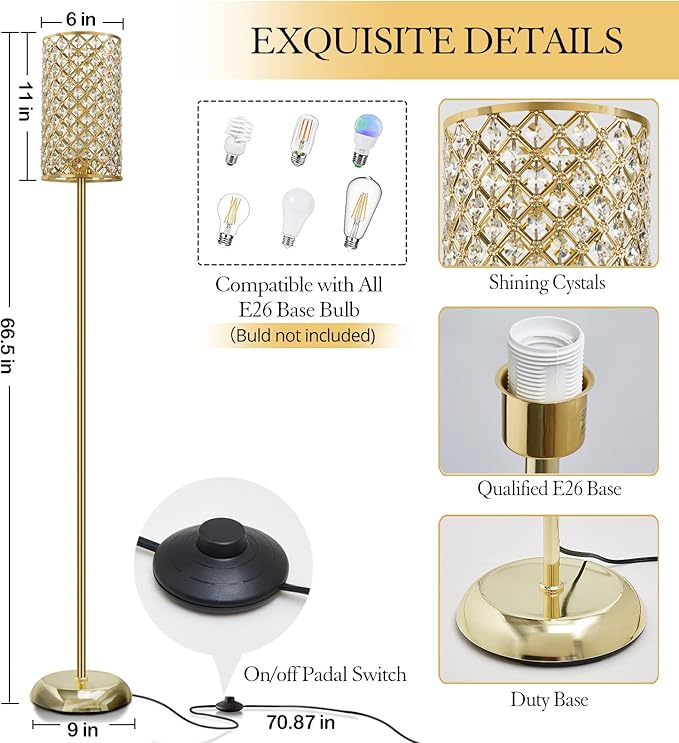 Gold Floor Lamp,Elegant Crystal Floor Lamp Modern Standing Lamp with On/Off Foot Switch,Tall Pole Accent Lighting for Living Room, Girl Bedroom, Dresser, Office