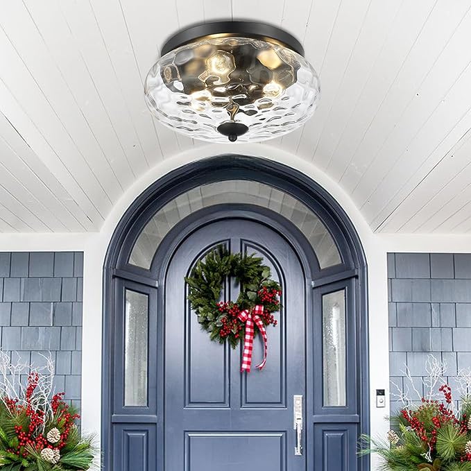 Darkaway Large Ceiling Light Fixtures, 3-Light Flush Mount Indoor Outdoor Ceiling Light with Water Ripple Glass Shade for Hallway Kitchen Bedroom Porch Living Room Black Finish