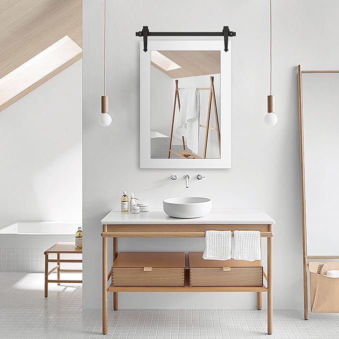 Farmhouse Bathroom Mirror for Over Sink 22”x32” Wood Frame Rustic Barn Door Bathroom Vanity Mirror, Wall Mirror for Bathroom, Living Room, Bedroom, Entryway (Bright White)