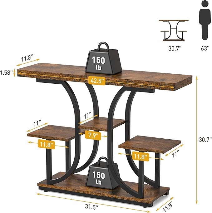 ikkle 42.5" Console Table, Industrial 4-Tier Sofa Table Entryway Table with Curved Base, Narrow Wood Accent Tables with Storage Shelves for Living Room, Hallway, Foyer, Rustic Brown