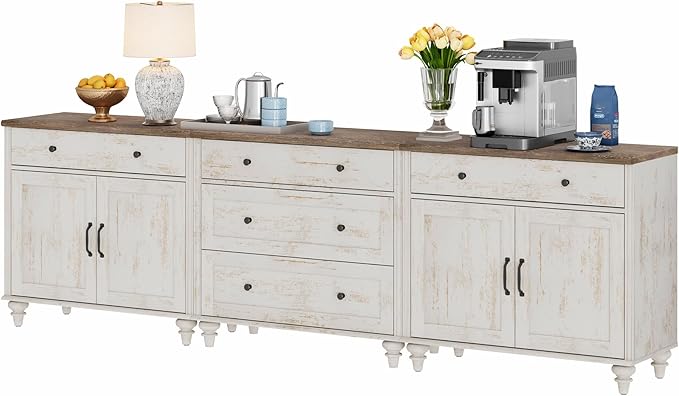 WAMPAT Farmhouse TV Stand for 100 Inch TV, 3-in-1 TV Console Table with 5 Drawers and 4 Doors, Entertainment Center, Kitchen Sideboard Buffet Cabinet for Dining Room, Rustic White
