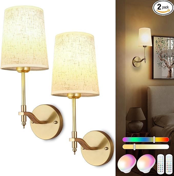 Battery Operated Wall Sconces Set of 2, Gold Rechargeable Wall Lights with 15 RGB Dimmable Detachable Bulbs and Remote, Wireless Battery Powered LED Wall Lamp for Living Room Bedroom