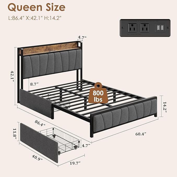 Queen Size Bed Frame with 2 Storage Drawers and Charging Station, Rustic Linen Upholstered Platform Bedframe with Storage Headboard, Heavy Duty, No Box Spring Needed, Easy Assembly, Noise Free, Grey