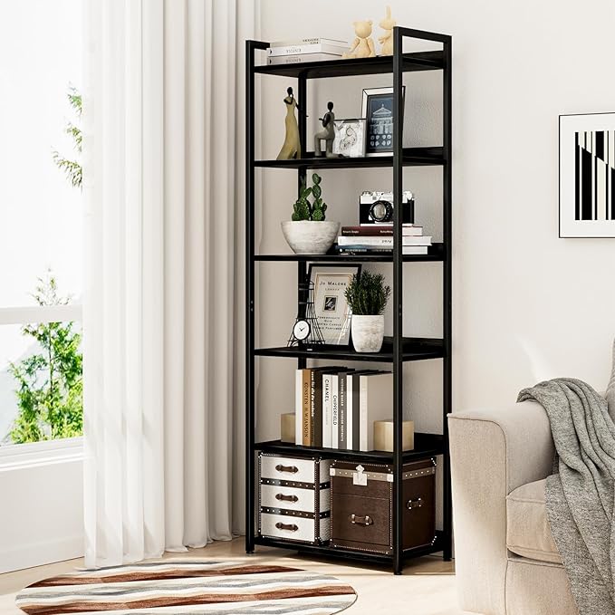 NUMENN Bookshelf, 6 Tier Bookshelves, Home Office Bookcase Shelf Storage Organizer, Free Standing Storage Shelving Unit for Bedroom, Living Room and Home Office, Black