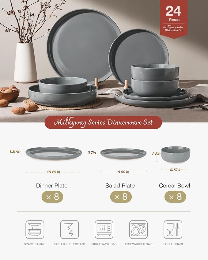 Famiware Milkyway Dinnerware Sets, 24 Piece Dish Set, Plates and Bowls Sets for 8, Dark Gray