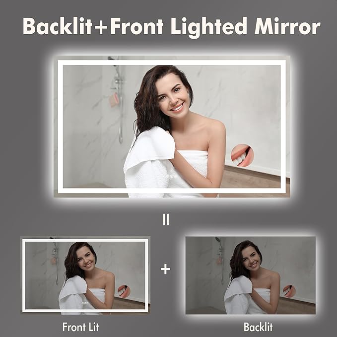GarveeHome 60"x 36" LED Bathroom Mirror with Lights, Dimmable, Anti-Fog, Backlit + Front Lit, Smart Bathroom Vanity Mirror for Wall, Memory Function, Shatter-Proof (Horizontal/Vertical)