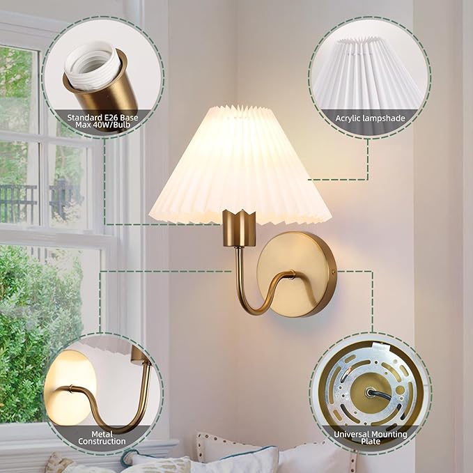 Brushed Gold Wall Sconces Sets of 2, White Pleated Fabric lampshade, Indoor Gooseneck Wall Lamp Lighting, Bathroom Dresser Hardwired sconces wall decor Fixture for Living Room Bedroom Dining Room