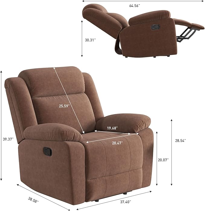 Bonzy Home Rocker Recliner Chair for Adults, Overstuffed Manual Rocking Recliner, Fabric Upholstered Single Sofa for Living Room, Brown