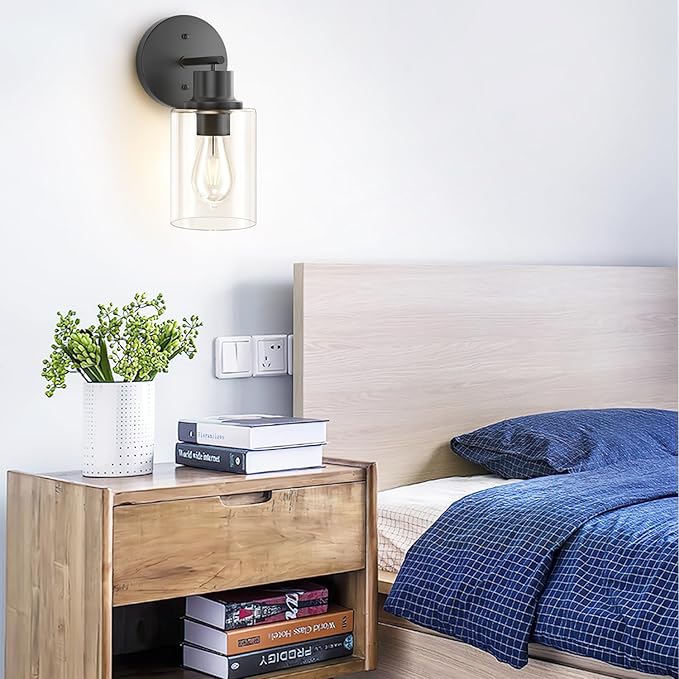 GORDNWE Set of 2 Bathroom Wall Sconce, Matte Black Vanity Light, Modern Wall Light Fixture with Clear Glass Shade and E26 Bulb Base, Wall Lamp Wall Mount Light Fixtures for Mirror, Bedroom