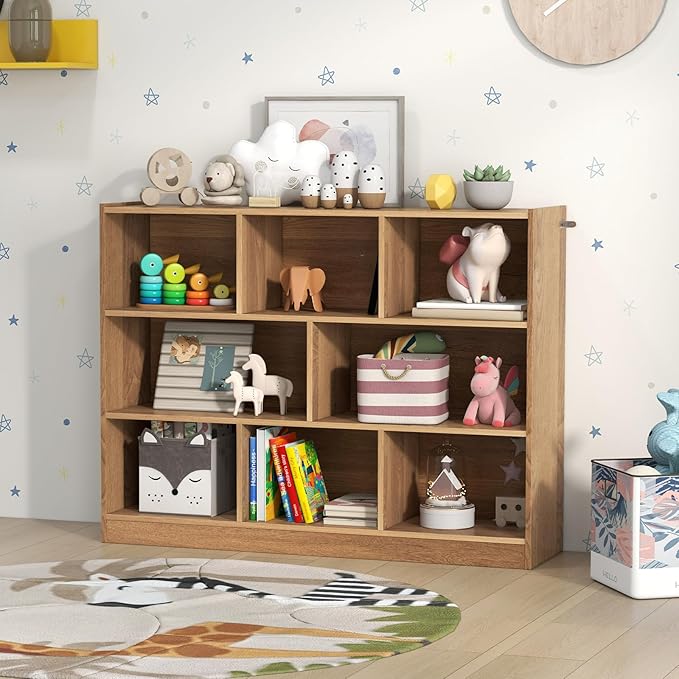 Toy Storage Organizer, 3-Tier Kids Bookshelf, 8 Cube Kids' Bookcases, Cabinets & Shelves, Wooden Toy Organizers, Small Book Shelf for Bedroom, Playroom, Classroom, Nursery (Natural)