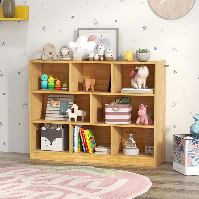 Toy Storage Organizer, 3-Tier Kids Bookshelf, 8 Cube Kids' Bookcases, Cabinets & Shelves, Wooden Toy Organizers, Small Book Shelf for Bedroom, Playroom, Classroom, Nursery (Burlywood)
