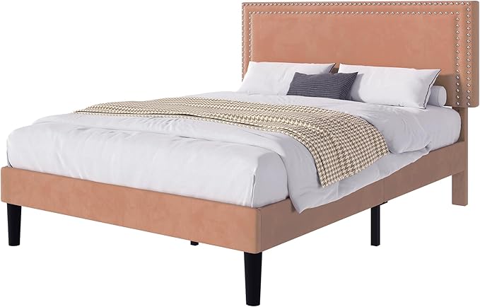 VECELO Queen Size Bed Frame with Adjustable Upholstered Headboard, Wooden Slats Platform, Noise-Free Design, Easy Assembly