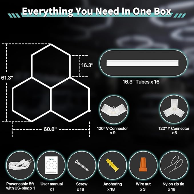 Hexagon Garage Lights 105W 12600LM, 6500K Ultra-Bright Hexagon LED Lights for Garage, 3 Grid Systems Honeycomb Hex Light for Workshop, Basement, Car Detailing, Gaming Room