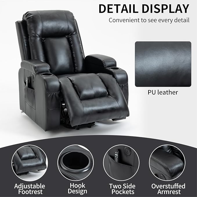 PELUMY Power Lift Recliner Chair for Elderly with Massage & Heat - Heavy Duty Electric Lift Chair, Oversized Recliner, Lay Flat, 8-Point Vibration, Lumbar Heating, USB Port, Cup Holders (Black)