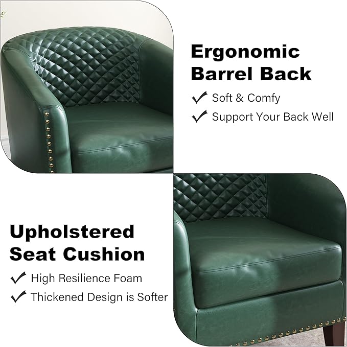 Accent Barrel Chair, Upholstered Faux Leather Club Chair with Nailed Trim, Comfy Reading Armchair for Living Room Bedroom Reception Room Office (Dark Green, Set of 2)