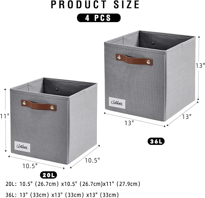 Collapsible Fabric Storage Cube Bins with 2 Reinforced PU Handles, Foldable Storage Organizer Baskets for Closet, Shelves, Living Room | 11"x11"x11", 4 Pack, Full Gray