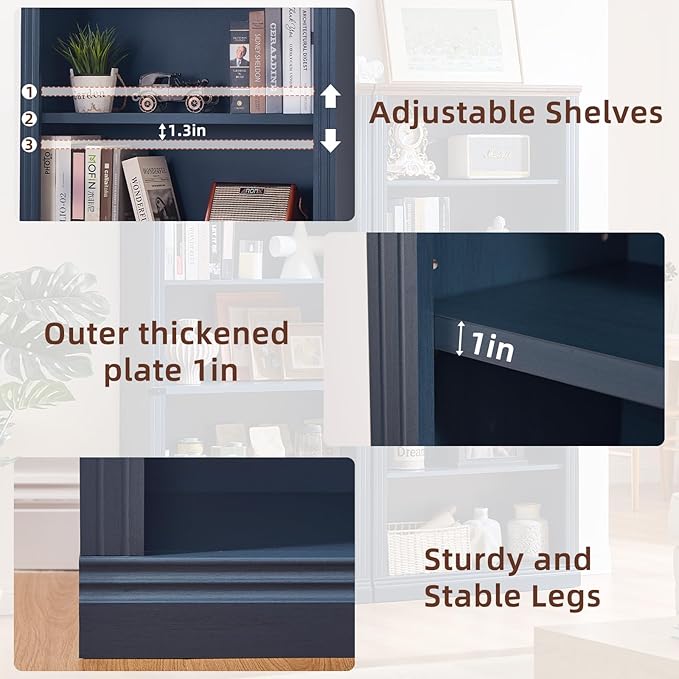 70" Blue Tall Bookshelf,5-Tier Thick Wooden Book Shelf with Adjustable Shelves,Free Standing Farmhouse Bookcase with Open Display Storage,Floor Vintage Bookshelves for Living Room,Office