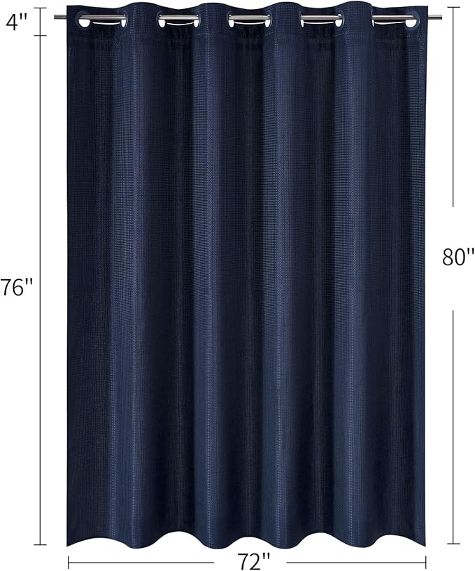 MitoVilla Navy Blue Waffle Long Shower Curtain 72 x 80, No Hooks Required 80 inch Long Fabric Cloth Shower Curtain Set with Cloth Snap-in Liner for Modern Hotel Bathroom Decor