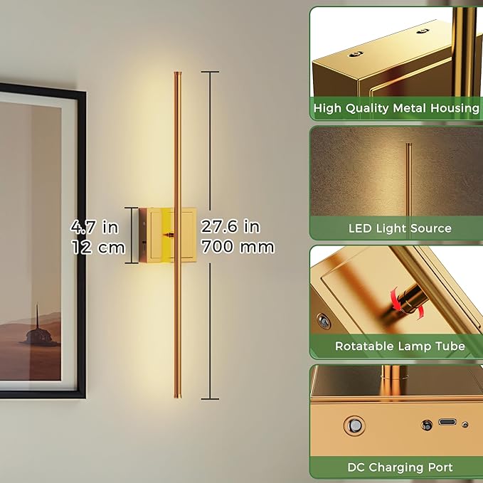 DORESshop Battery Operated Wall Sconces Set of Two with Remote Control, Rechargeable Wall Sconce, 350°Rotate Dimmable Wireless Wall Sconce for Living Room, Hallway, Bedroom, 28.1 Inch, Brass(2 Pack)