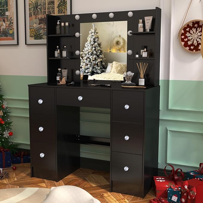 Makeup Vanity Desk with Mirror, Vanity Desk Set with Lights 3 Colors, 7 Drawers & 2 Storage Shelves, Large Vanity Table for Girls Bedroom, Black