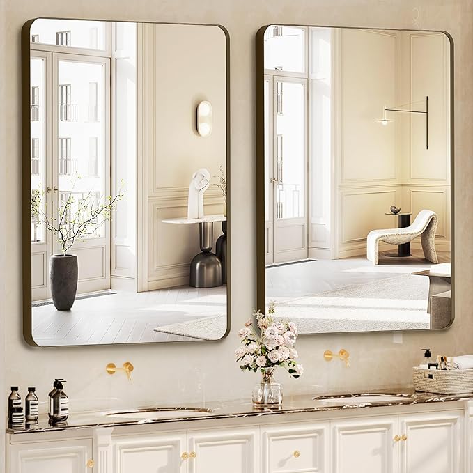 Bathroom Mirrors for Over Sink,2Pcs 24x36Inch Vanity Mirrors for Wall,Bronze Metal Frame Rectangle Mirrors for Bathroom Vertically Restroom,Hangs Horizontally or Farmhouse
