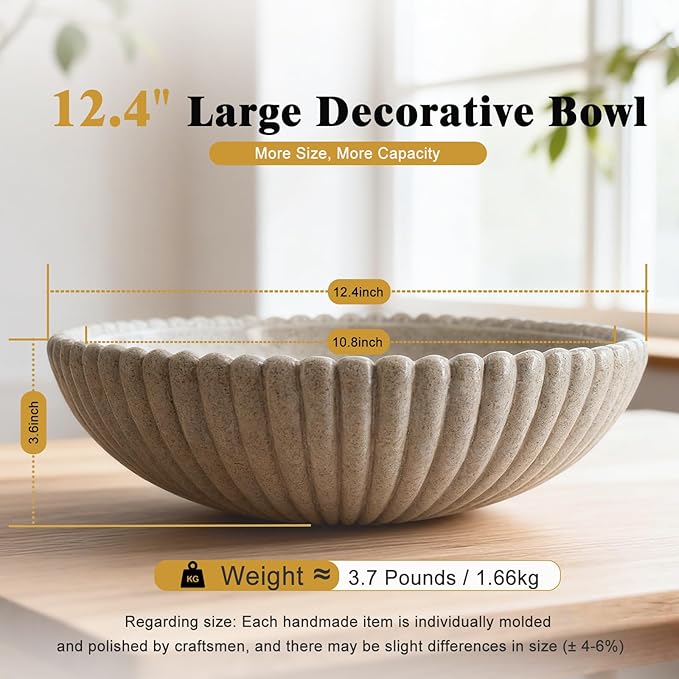 Large Decorative Bowl for Home Decor 12 Inch Resin Fruit Bowl Sandstone Ruffle Key Bowl for Coffee Table Shallow Centerpiece Bowl Catch All Bowl for Kitchen Counter, Entryway, Living Room