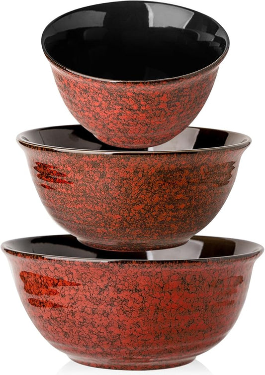 Hasense Mixing Bowls Set of 3, Procelain Serving Bowls Set for Cooking, Baking, Large Nesting Bowls for Salads, Fruit, 2.1/1.5/1.0 Qt, Dishwasher & Microwave Safe, Red