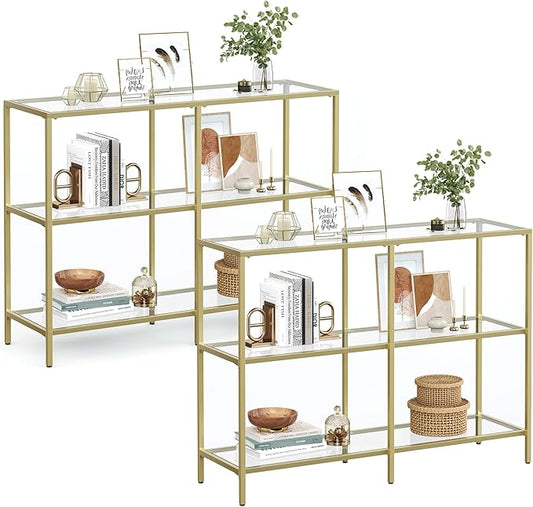 VASAGLE 39.4 Inch Console Table with 3 Shelves, Set of 2 Sofa Tables, Modern Entryway Table, Metal Frame, Tempered Glass Shelf, Entryway Living Room Bedroom, Metallic Gold and Transparent ULGT999G01