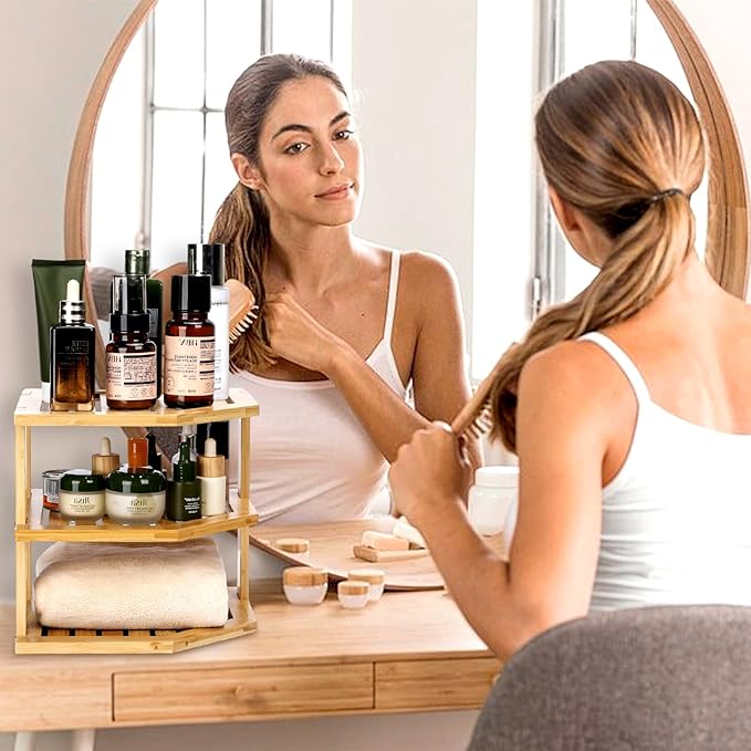 3-Tier Design Bamboo Corner Cabinet Organizer Countertop Kitchen Corner Rack, Plate Organizer for Cabinet Space Saver, Dishes, Bread Pantry, Bathroom Storage Racks or Countertop Racks