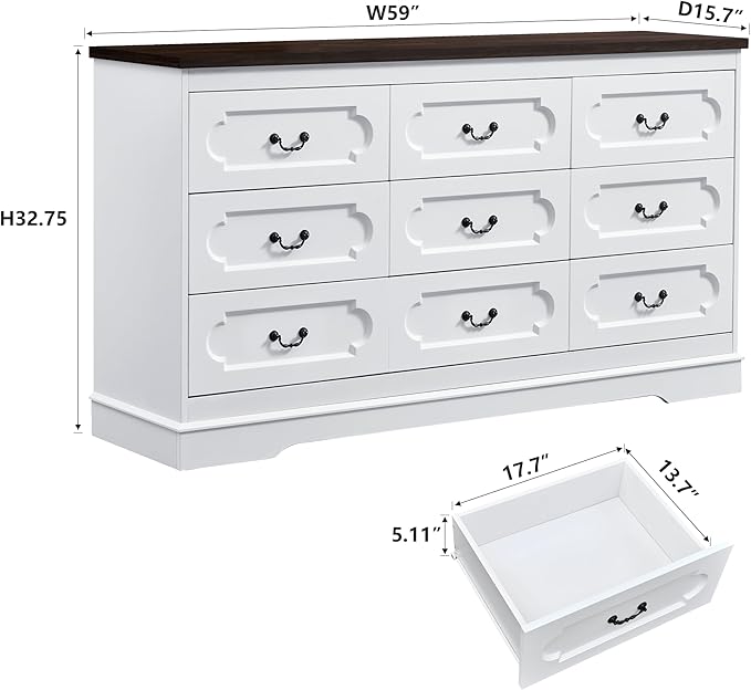 LIDYUK 9 Drawer Dresser for Bedroom Farmhouse WhiteTall Wood Chest of Drawers for Bedroom Dresser, Modern Rustic 59" Wide Drawers Dressers Wooden Closet and Storage Cabinet, Hallway, Living Room