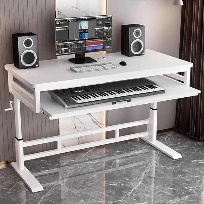 Studio Desk with Keyboard Tray | Hand-Crank Adjustable Standing Desk Workstation for Music Production, Cable Management, MIDI Keyboard Shelf (White, 47in)